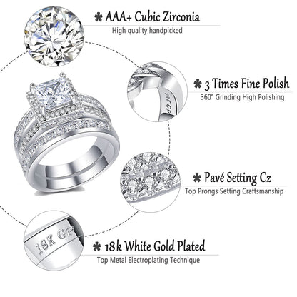 CEJUG 3Ct Wedding Rings for Women Princess Engagement Ring Set Bands 18k White Gold Plated Halo Cz Size 9