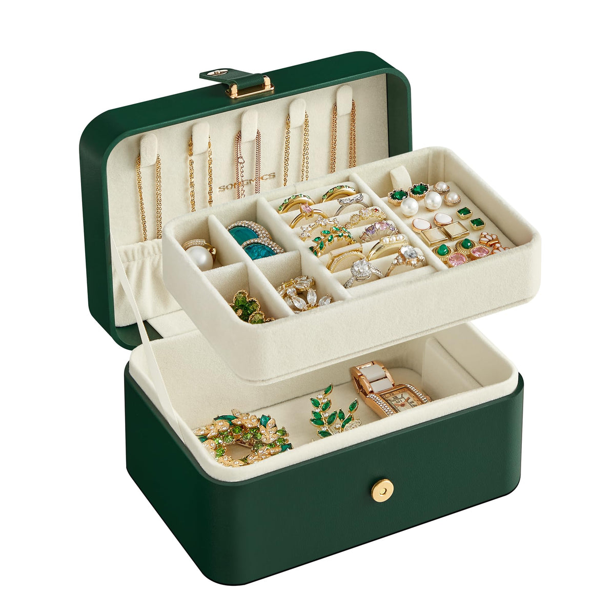 SONGMICS Jewelry Organizer Box, Travel Jewelry Case, 2-Layer Travel Case for Earrings, Necklaces, Bracelets - Portable Jewelry Storage with Large Capacity, Gift Idea, Forest Green UJBC166C01
