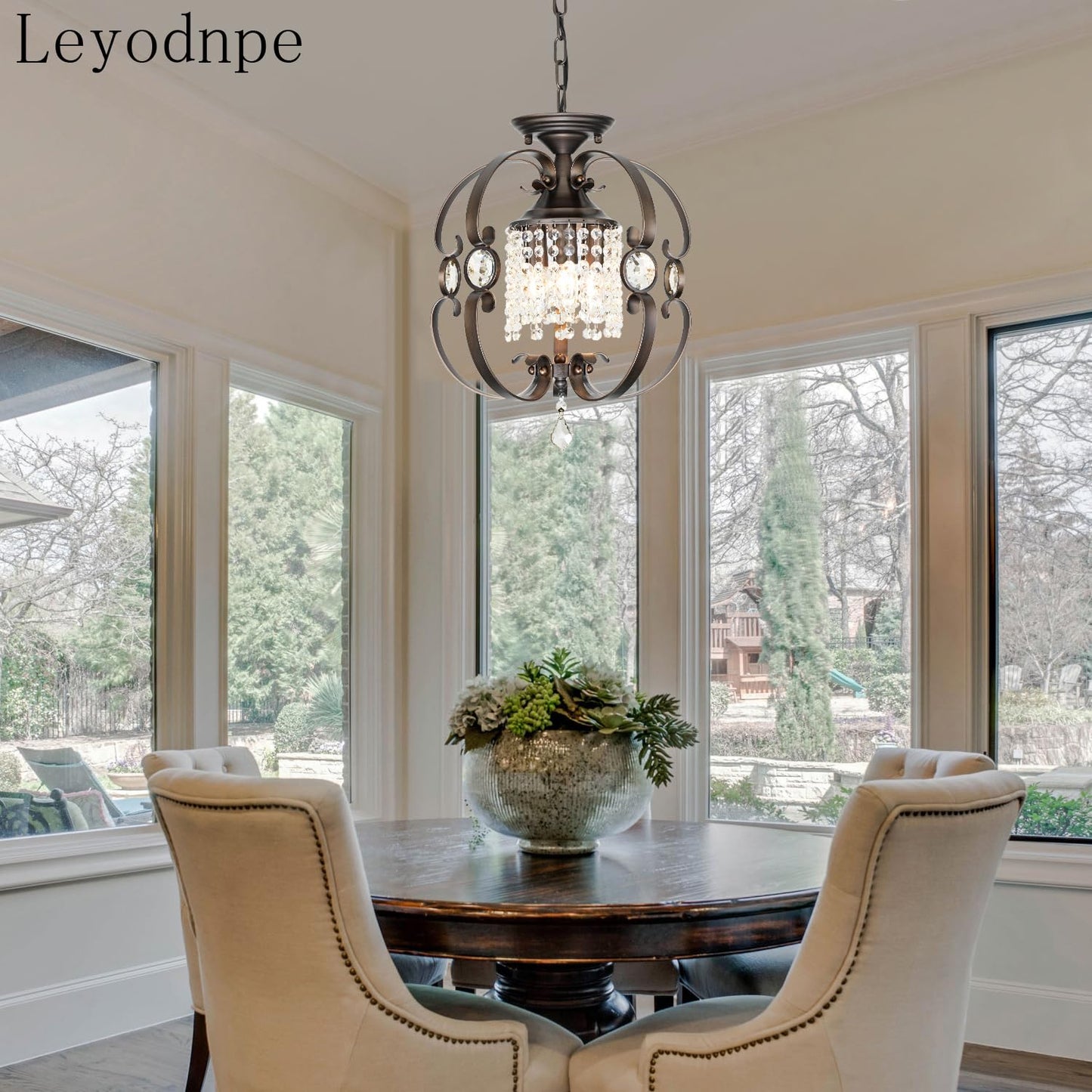 Leyodnpe Bronze Crystal Chandeliers for Dining Room, 3-Light 14 Inch Flush Mount Ceiling Light Fixture,Vintage Hanging Pendant Lighting for Kitchen Island,Living Rooms, Foyer