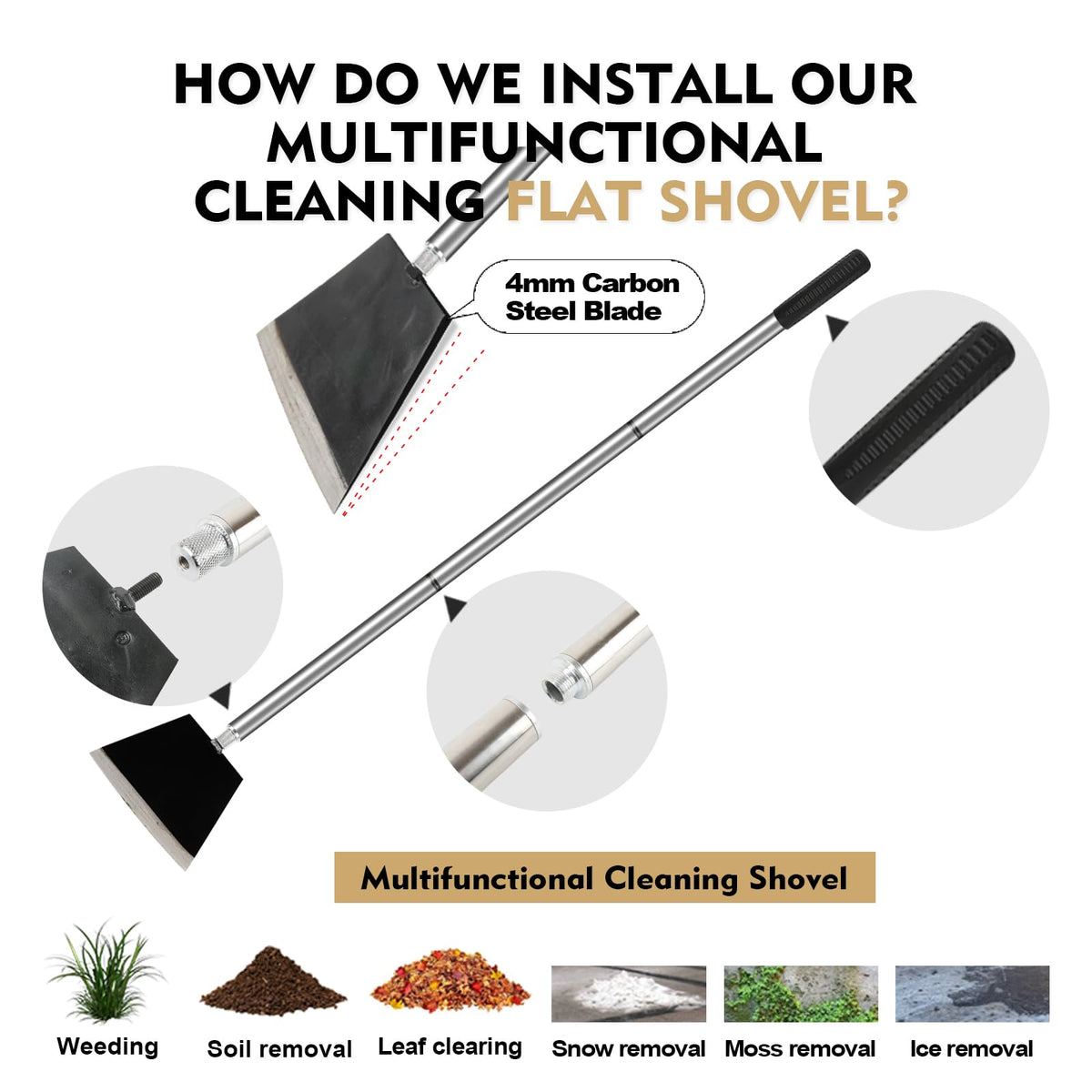 Smarkey Garden Shovel, Floor Cleaning Scraper Tool, Snow Shovel Ice Scraper, 47 inch Weed Removal Tool with 3 Sections Long Handle for Moss,Sidewalks, Driveway Yard Working - Heavy Duty