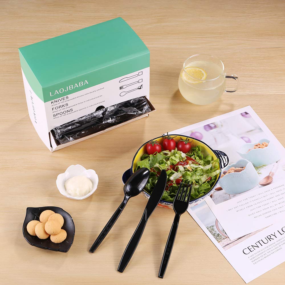 Laojbaba Plastic Fork Disposable Individually Packaged Forks Black 7-Inch Commercial Take Away Fork,Super Hard Mass Heavy Individually Wrapped Fork 100 PCS