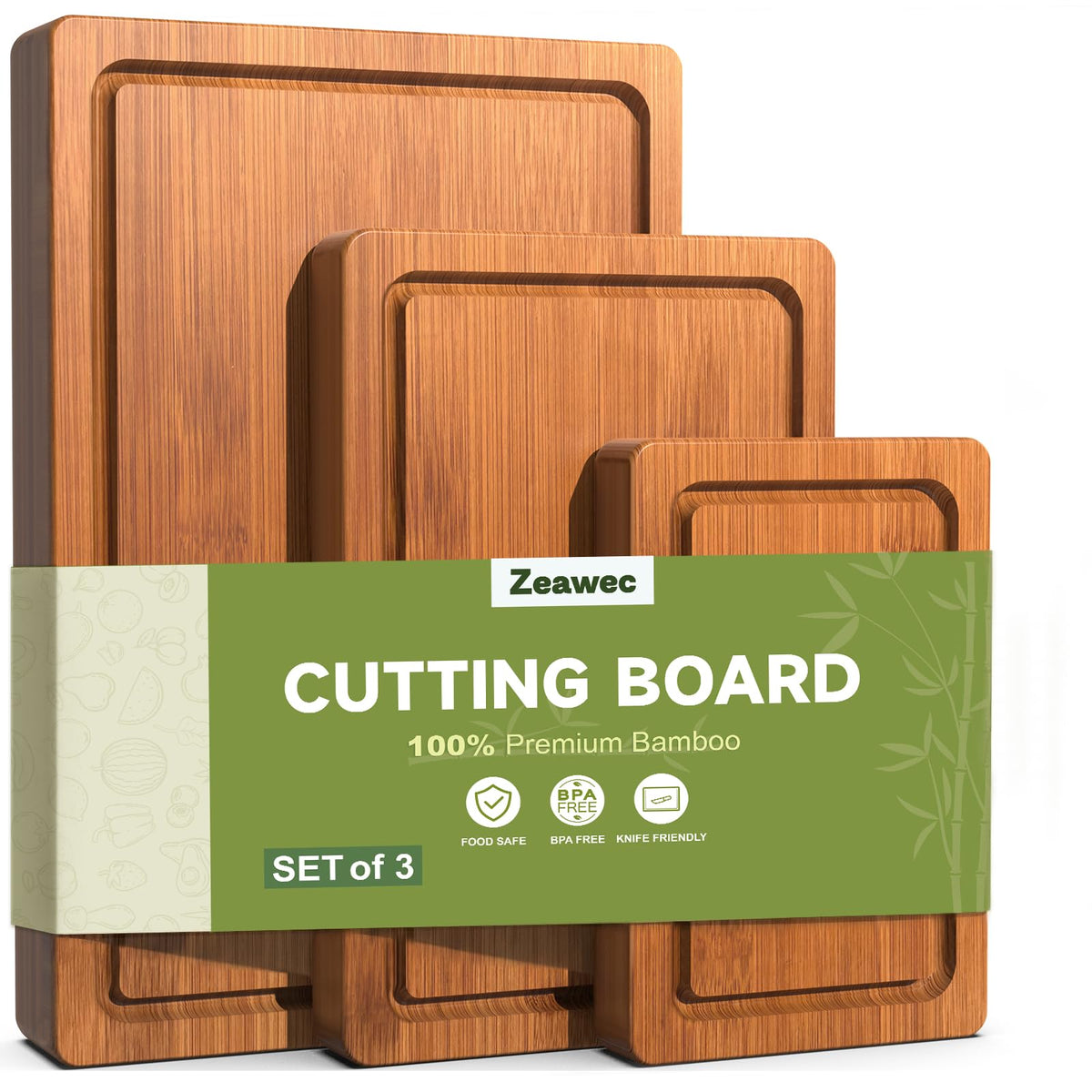 Zeawec 3-Piece Set Deep-Carbonized Bamboo Cutting Board for Kitchen - Crack-Resistant Wood Chopping Boards with Deep Juice Grooves, Pre-Oiled Butcher Block for Meat, Vegetables & Cheese, Carbonized