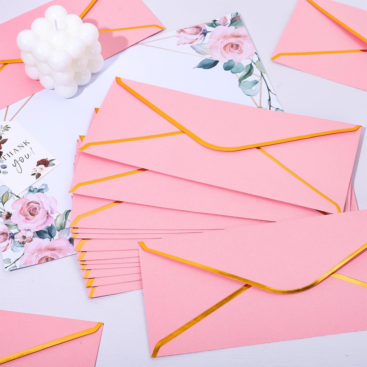 Whaline 50 Pcs Business Envelopes Pink Envelopes V Flap with Gold Foil Border Gift Card Envelopes Self-Adhesive Seal Luxury Mailing Envelopes for Office Valentine Wedding Baby Shower Bridal Birthday