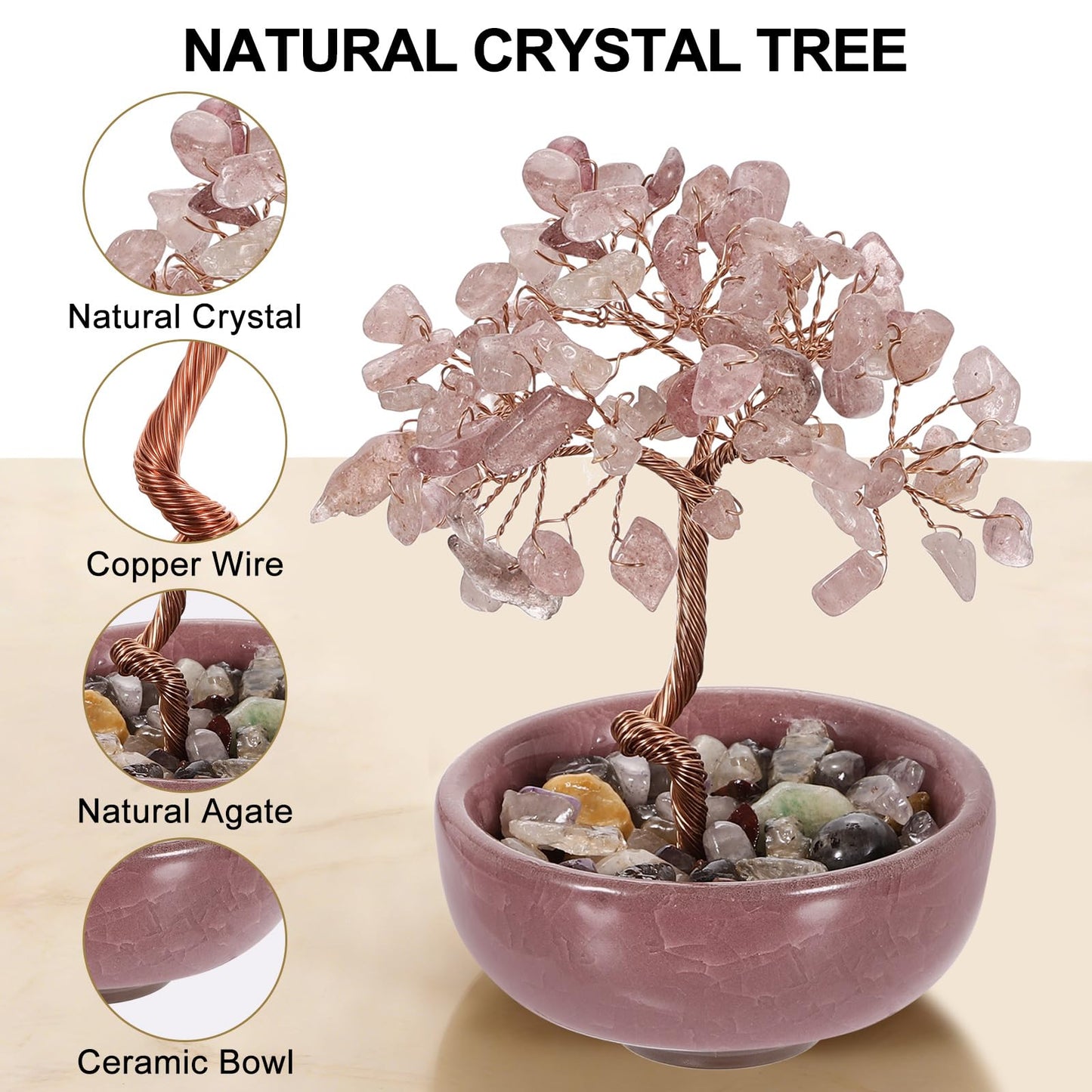 MECCANIXITY 7 Chakra Crystal Tree of Life, Natural Strawberry Crystal Gemstone Tree Handmade Feng Shui Bonsai with Agate Base for Positive Energy, Good Luck, Home Decor (4 x 2.4 Inch Pink)