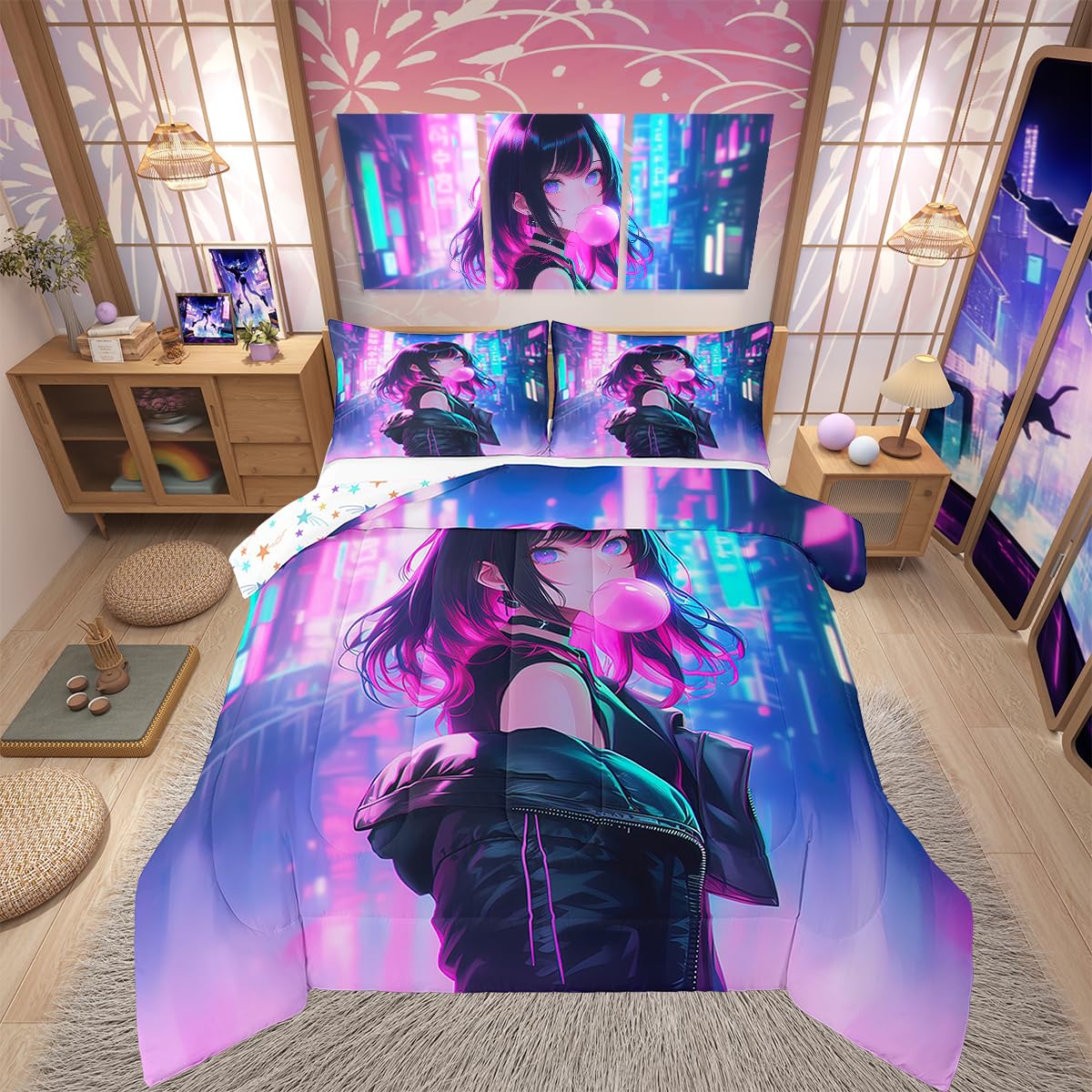 Erosebridal Anime Girl Comforter Set Full Size, Kawaii Japanese Anime Quilt for Kids Boys Teens Adult, Cartoon Girl Bedding Set Japan Animation Bedroom Decor, Machine Washable, Lightweight