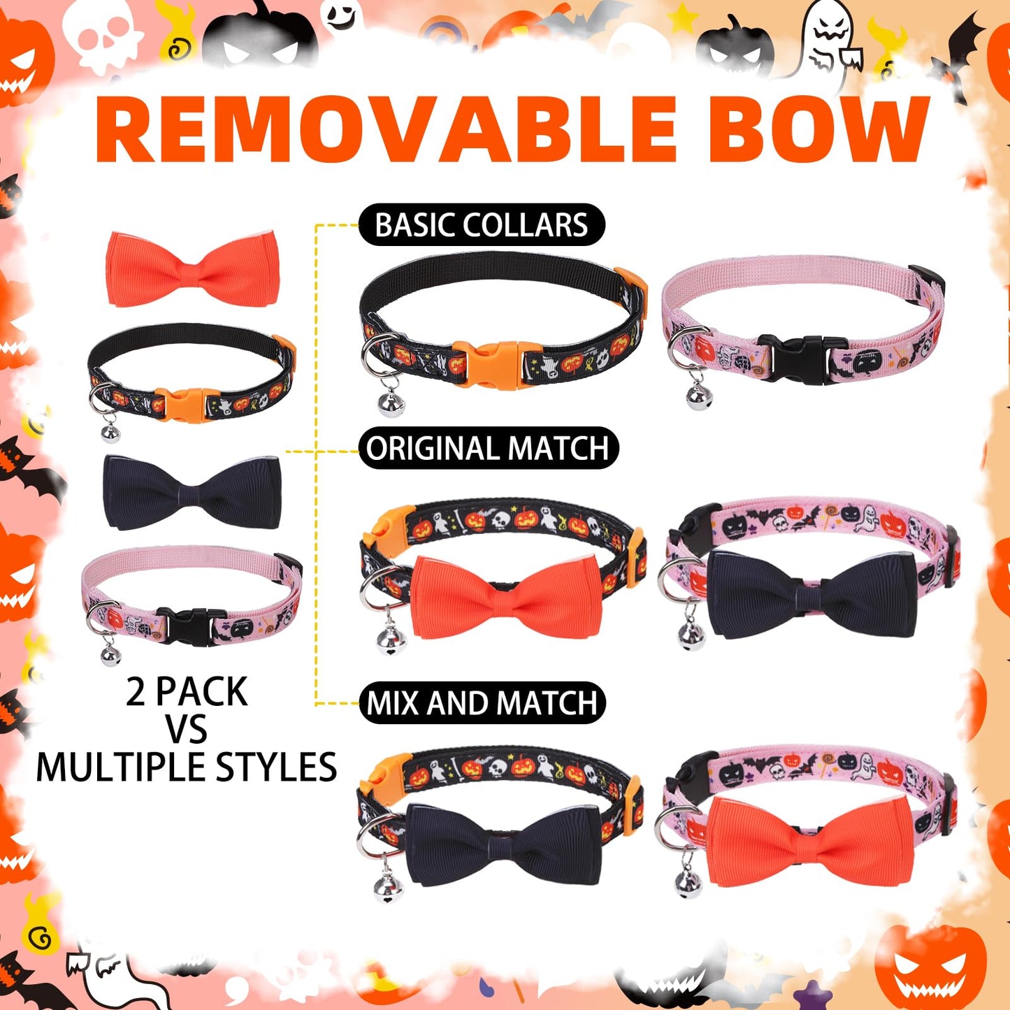 PUPTECK Halloween Bowtie Dog Collar with Bell 2 Packs, Adjustable Breakaway Puppy Collar, Sweet Gift for Small Dogs Pets, 11.8-15.7 in