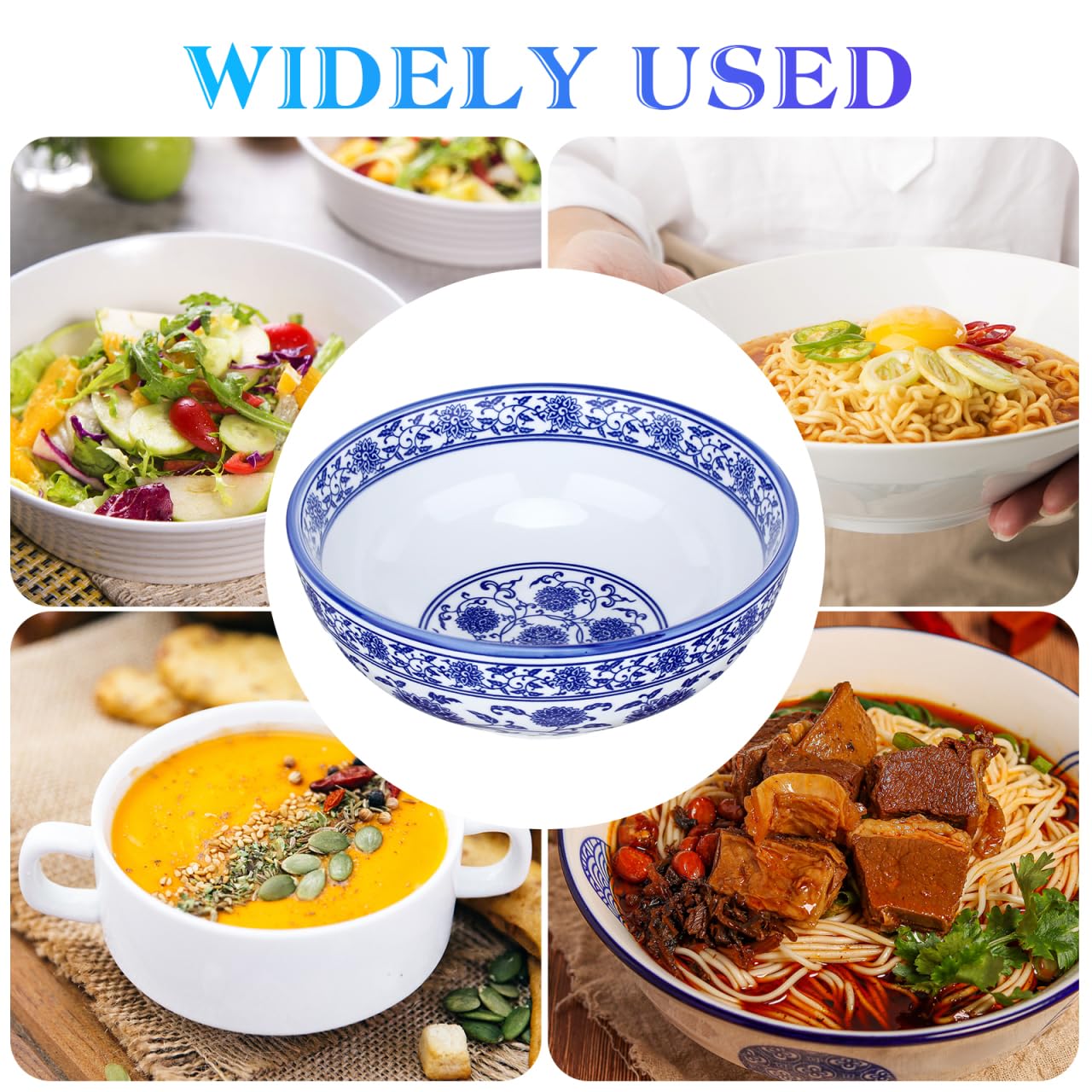 Luxshiny Blue White Porcelain Bowl, 8 Inch Chinese Ceramic Bowl Asian Serving Container for Salad Pasta Rice Porridge Fruits Udon Soba
