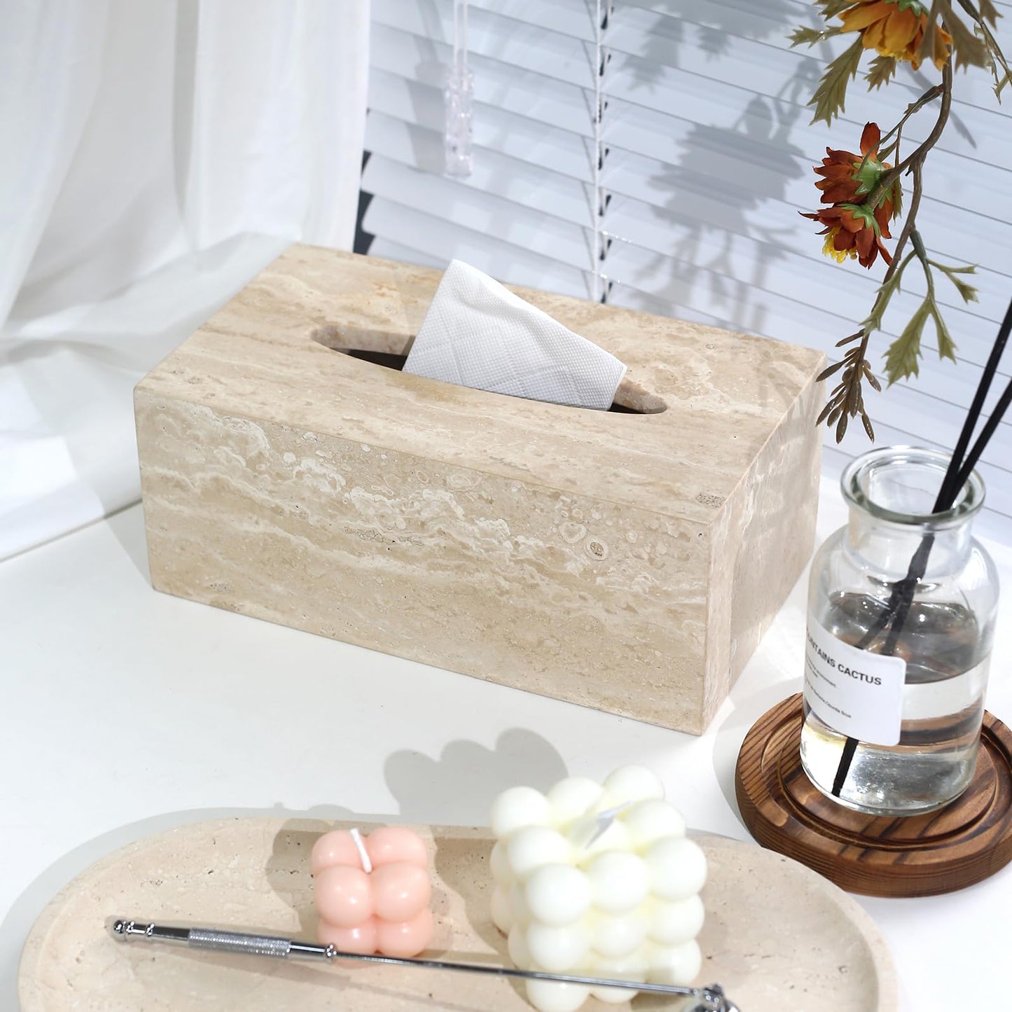 Noble and Light Luxury Natural Travertine Marble Household Tissue Box for Bathroom | Office | Desk | countertop | Vanity | Bedroom | Bedside Table |Beige