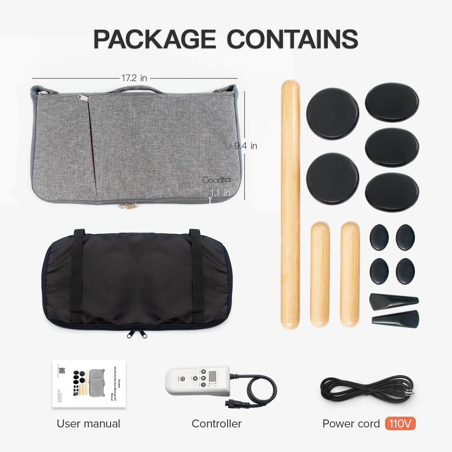 Goodtar Massage Stones Set with Warmer Kit Hot Rocks Bamboo for Massage Hot Stones Massage Warmer Kit with Temperature Control and Carry Bag for Home Use (11 Stones and 3 Sticks) Suitable for Gifting