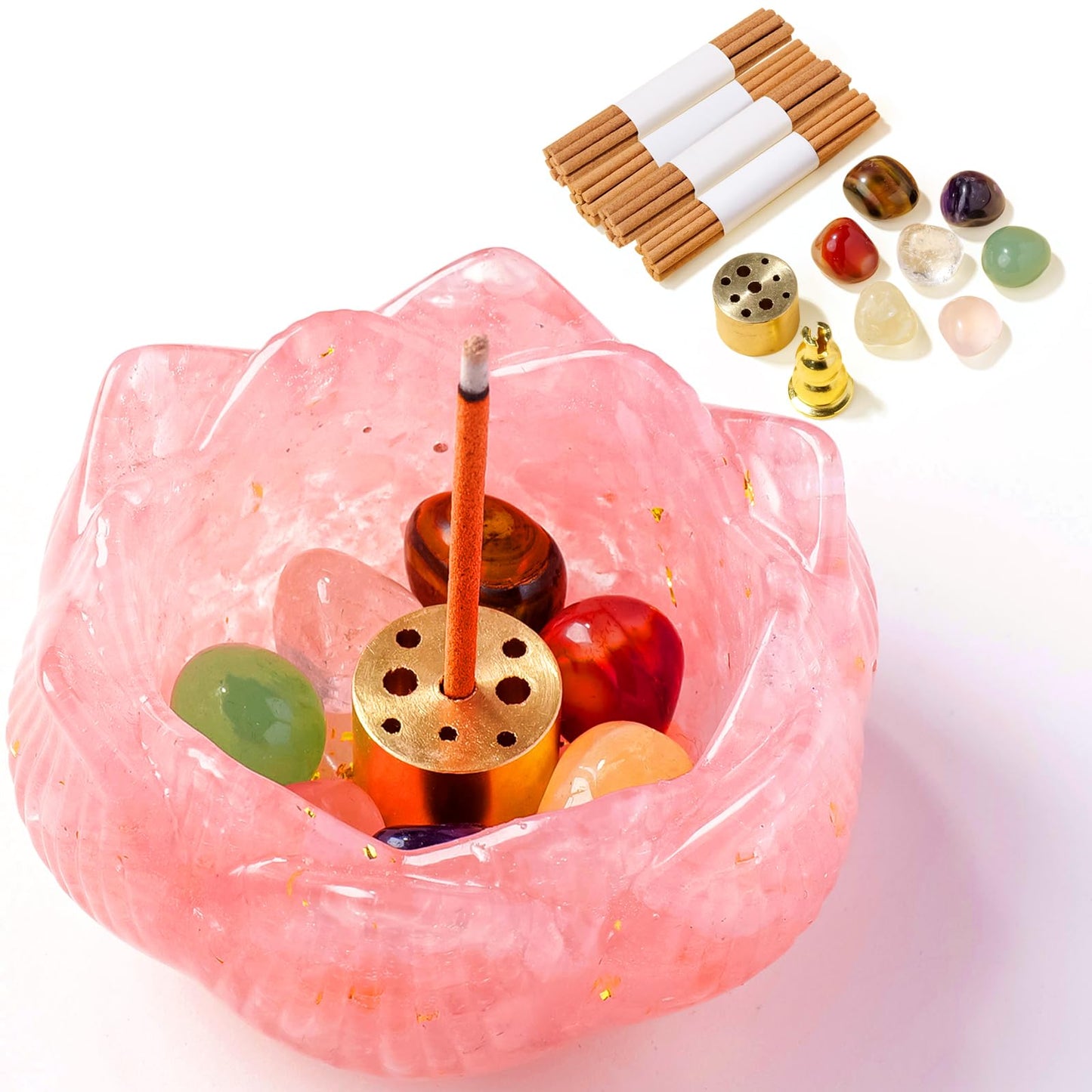 Incense Holders 40 Incense Sticks Rose Quartz Resin and Crystal Lotus Burner Soothe The Nerves Removable Ash Collector for Meditation, Yoga & Spiritual Home Decor