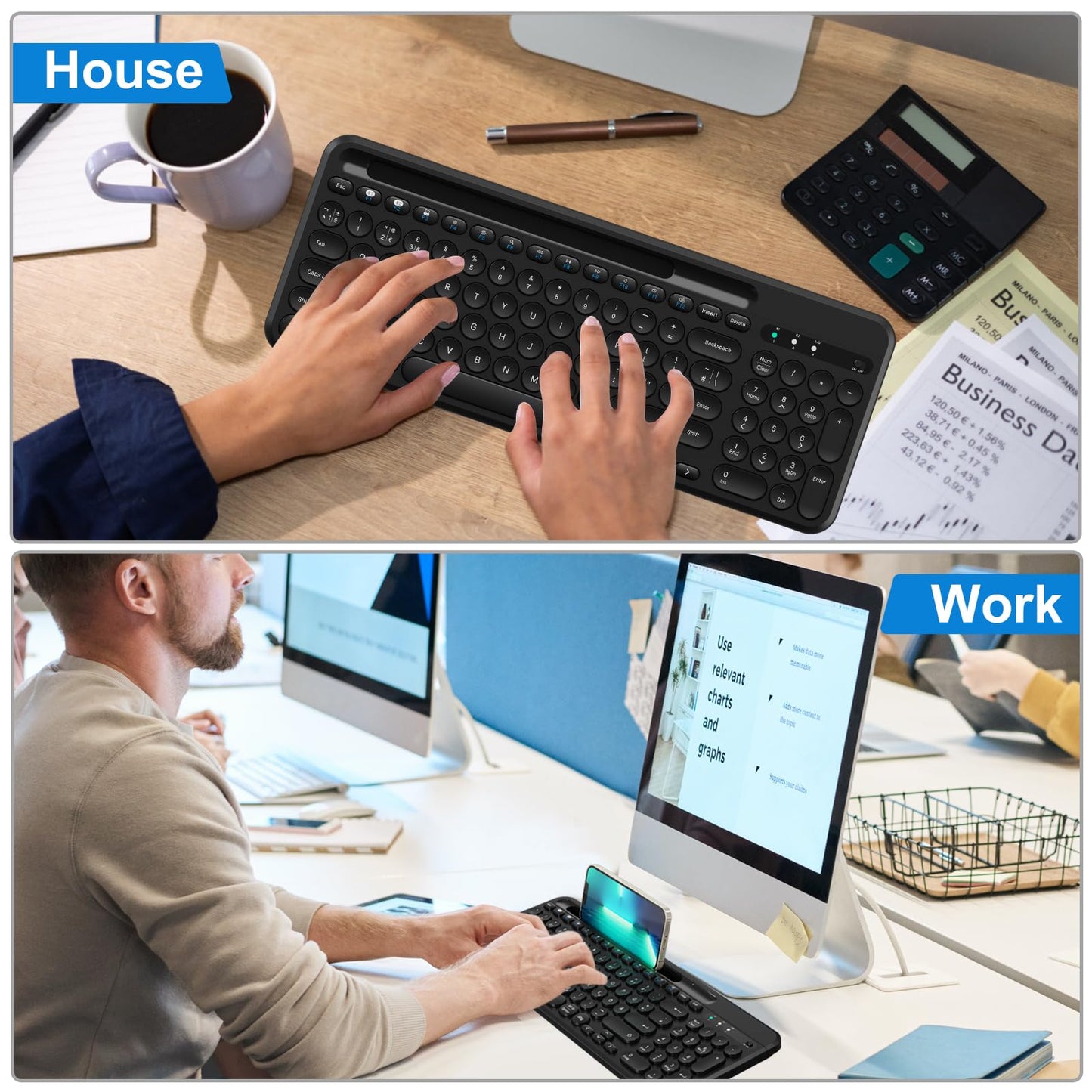 cimetech USB & Bluetooth Keyboard, Wireless Keyboard Ergonomic 2.4G Silent UK Layout with 3 Channels Multi-Device for iOS, Android, Windows, Smartphone
