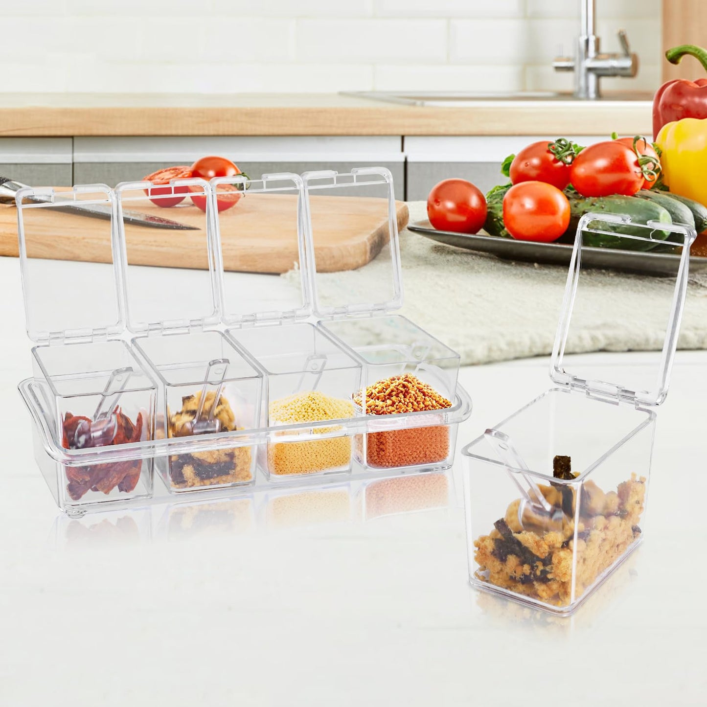 SHAIDOJIO Clear Seasoning Box, 8 Piece Seasoning Rack Spice Pots, Plastic Storage Container Condiment Jars with Lids and Spoon, Kitchen Organization Containers for Spice, Salt, Sugar, Cruet (2 Set)