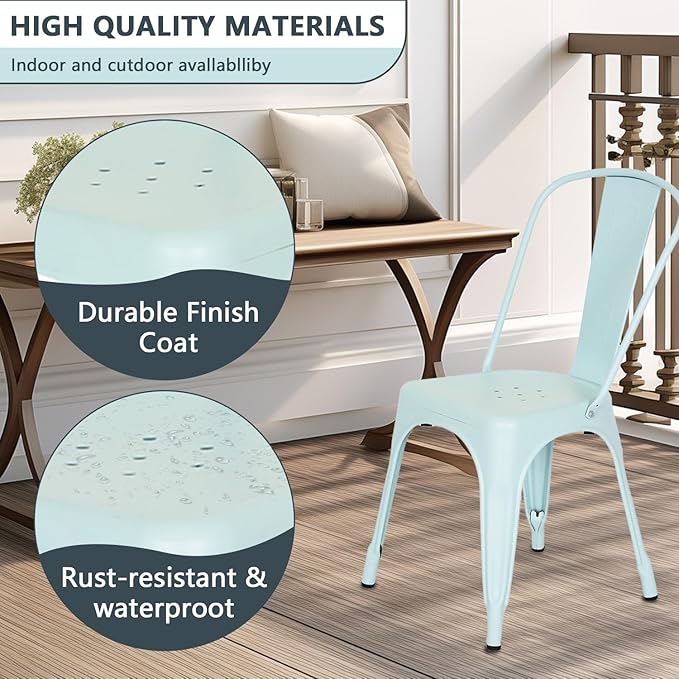FDW | Set of 4 Metal Dining Chairs | Blue | Stackable Tolix Side Chairs with Backrest | Scratch-Resistant | Non-Slip Feet | Indoor/Outdoor Use | 330 lbs Capacity | Ideal for Kitchen & Restaurant