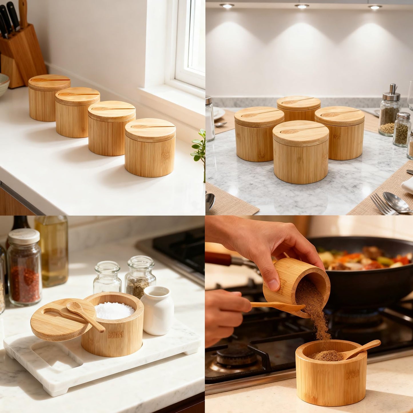 Bamboo Salt Cellar Set of 4 with Magnetic Swivel Lid & Spoon, Salt and Pepper Storage Container, Kitchen Countertop Organizer for Spices, Herbs