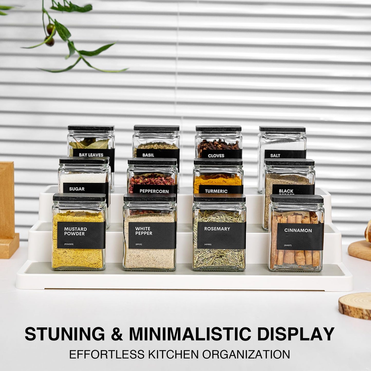 MUVEKA Glass Spice Jars with Bamboo Lid, 4oz Square Spice Containers for Pantry Organization, Seasoning Bottles with Labels, Spoons, Funnel for Salt Sugar