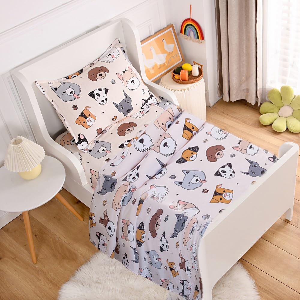 KWLOVER 3PC Soft Doggy Printed Bed Fitted Sheet Flat Sheet and Pillowcase Set,Dog Design Cute Puppy Pattern Printed Bed Sheets Set for Teens Boys Girls Twin Size Bed