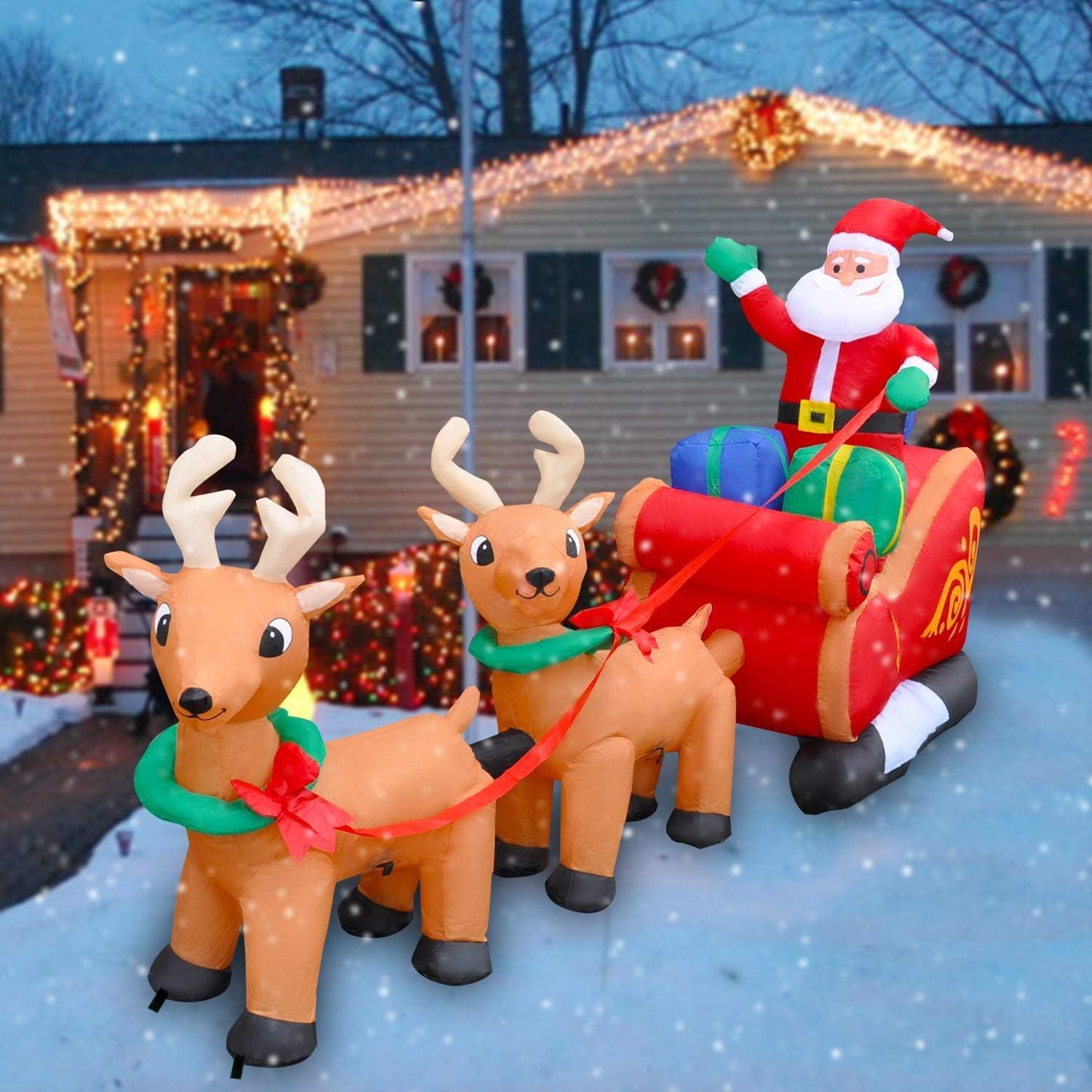 SEASONBLOW 8 Ft LED Inflatable Christmas Reindeer Pull The Sleigh Take Santa Claus Xmas Decoration for Yard Lawn Garden Home Party Indoor Outdoor