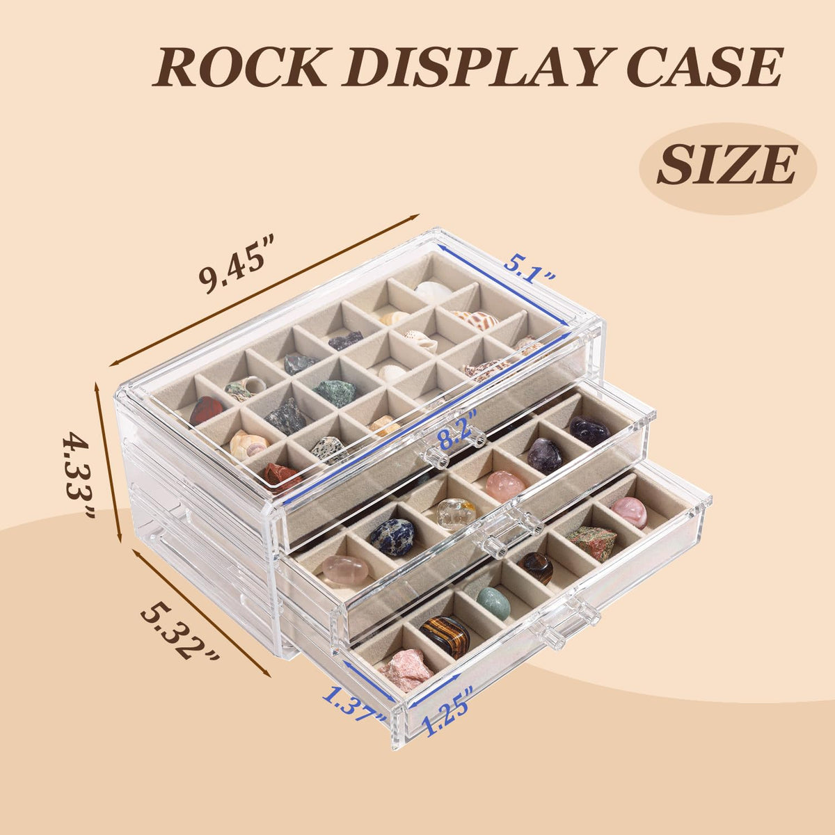CLUQMEIK Acrylic Rock Collection Display Case with 54 Grids Storage Compartments Rock Collection Boxes Display Organizer Collection Storage Display Cases for Collectibles Crystal /Rock（Beige）