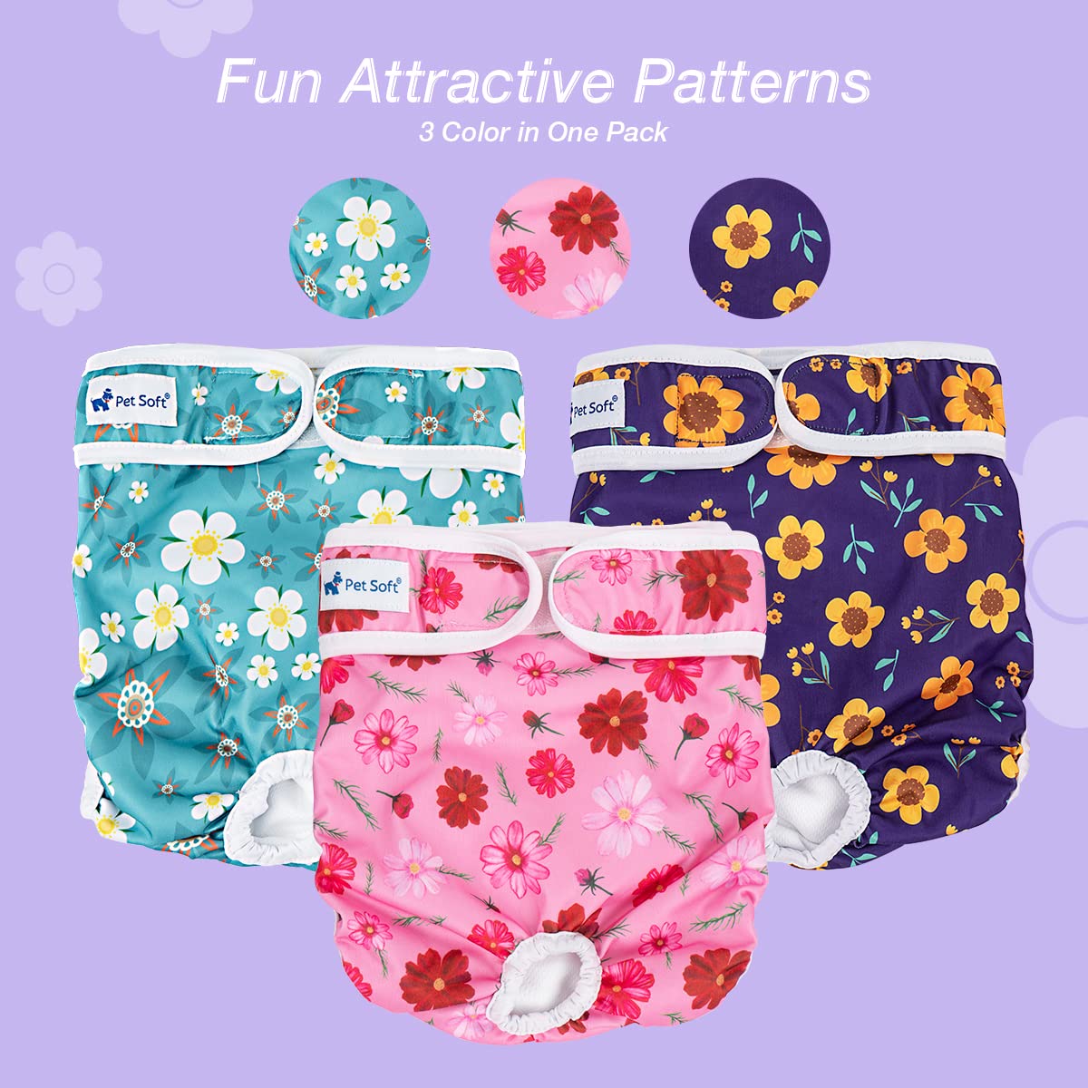 Pet Soft Dog Nappies Female - Washable Female Period Pants for Dogs Pets, Incontinence Reusbale Dog Heat Diapers 3Pack
