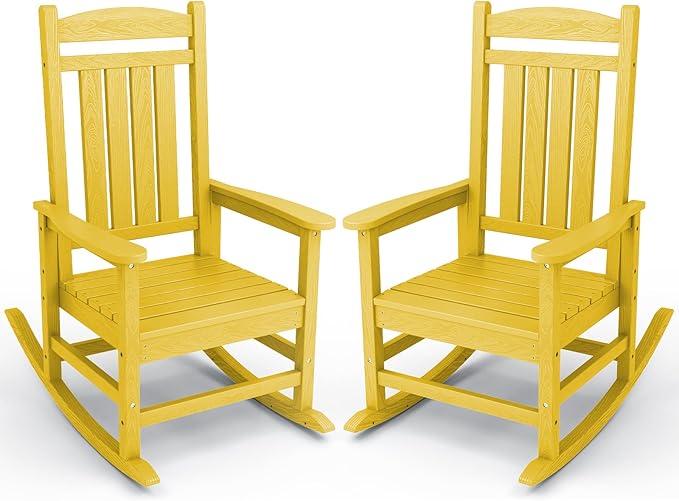 KINGYES Outdoor Rocking Chair Set of 2, High Density Polyethylene Patio Rocking Chairs with 330lbs Support for Adults, Yellow