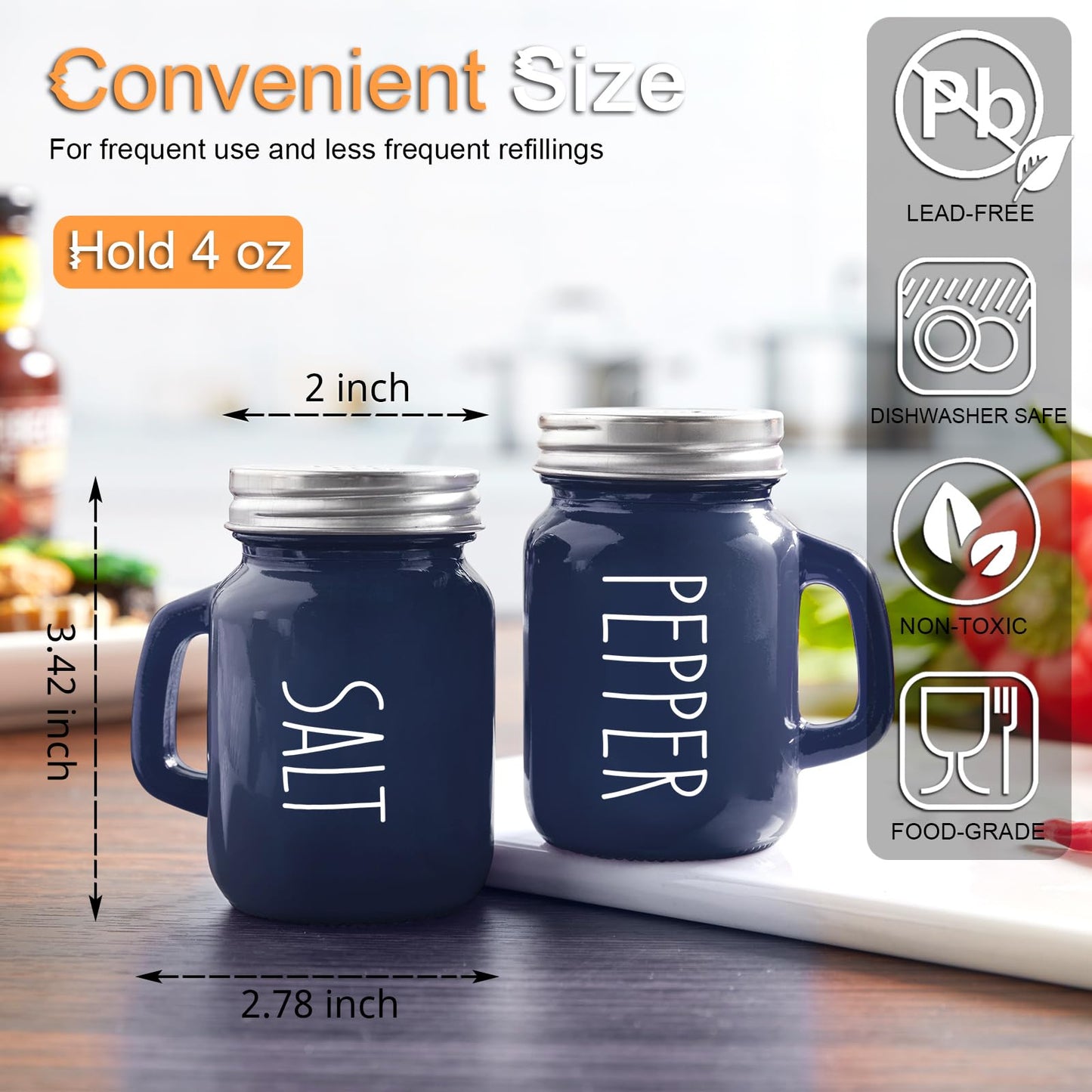 Navy Blue Salt and Pepper Shakers Set, 4 oz Cute Modern Glass Shaker Sets with Stainless Steel Lids, Blue Kitchen Decor and Accessories for Home Restaurants Weddings