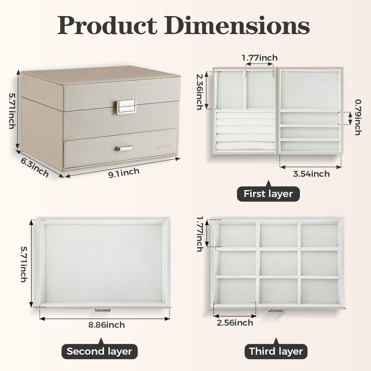 Dajasan Jewelry Organizer Box, Large Jewelry Boxes for Women Girls, Space-Saving 3 Layers Jewelry Storage Case with Drawer, Movable Metal Stand, Modern, Gift Idea (Champagne)