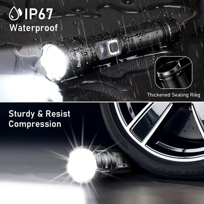 Blukar Torch Rechargeable, 500000 Lumens Torches LED Super Bright Flashlight, Adjustable Focus, 5 Modes, 5000 mAh Long Lasting, IP67 Waterproof, Smart Digital Display for Camping, Power Cuts,Emergency