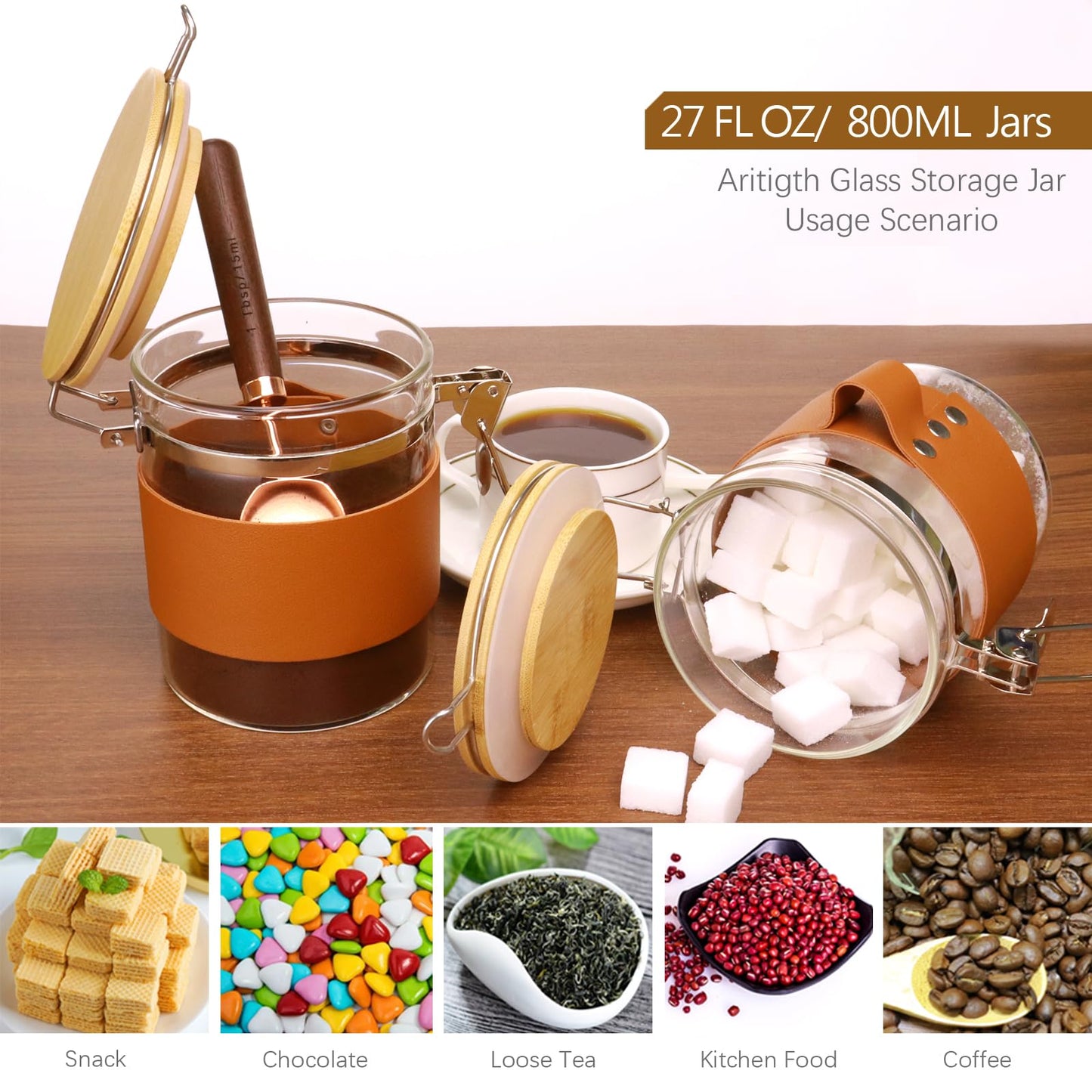 Matifaner Glass Storage Jars with Spoon, Kitchen Food Storage jars with spoon, Glass Coffee Nuts Canister with Bamboo Lids, Scoop for Beans, Ground Coffee,Nuts, Cookie, Flour (27OZ×2)