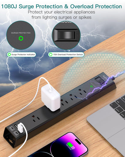 2 Pack Power Strip Surge Protector - 6Ft Extension Cord with 5 Widely Outlets 4 USB (2 USB C) Port, 1875W/15A, Wall Mount, Flat Plug, Desk Charging Station for Home Office College Dorm Room Essentials