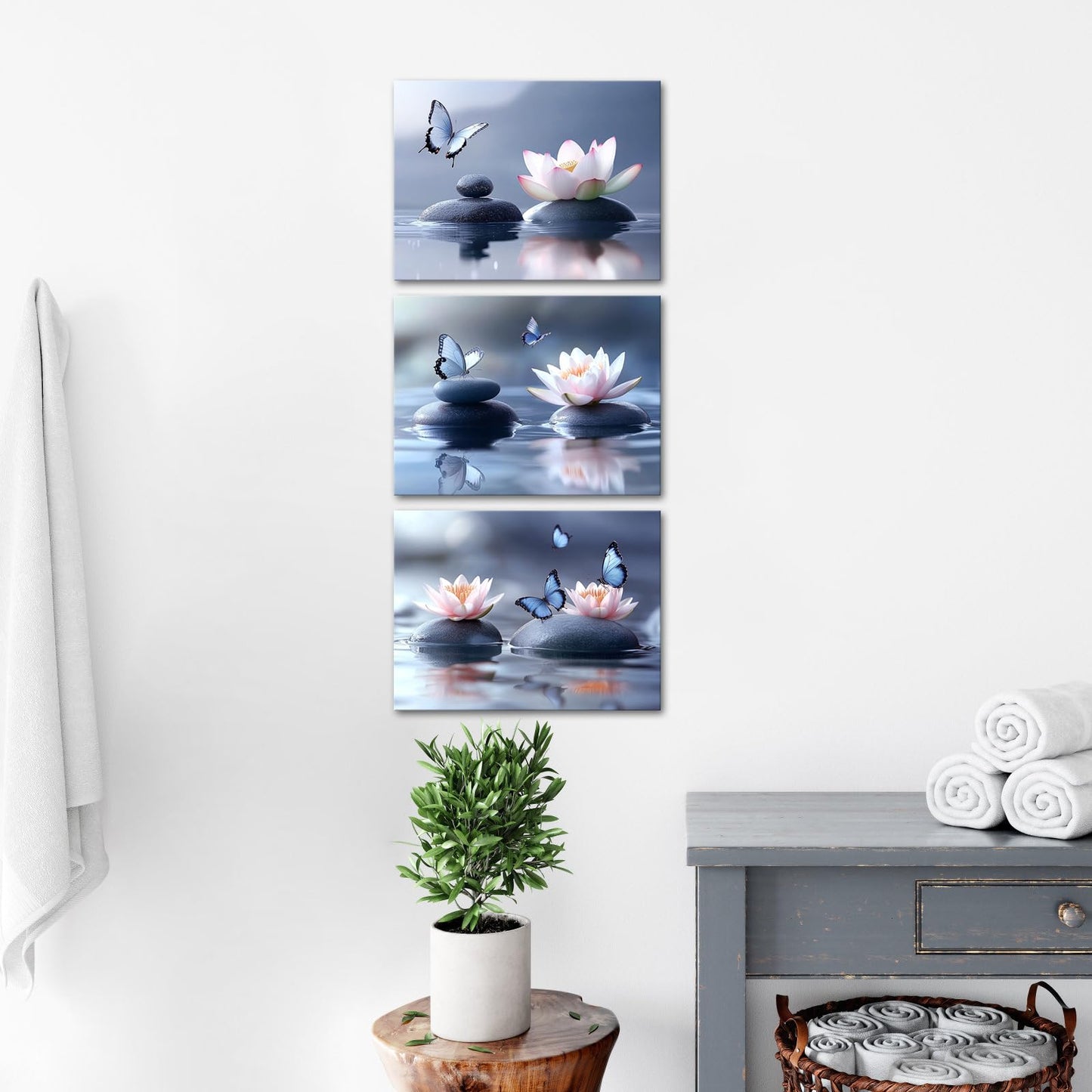 iKNOW FOTO Zen Lotus Flower Canvas Wall Art - 3pcs Calming Spa Decor with Stones and Butterfly - Water Lily Modern Artwork for Bathroom, Yoga Studio, Meditation, or Living Room - 12x16 Each