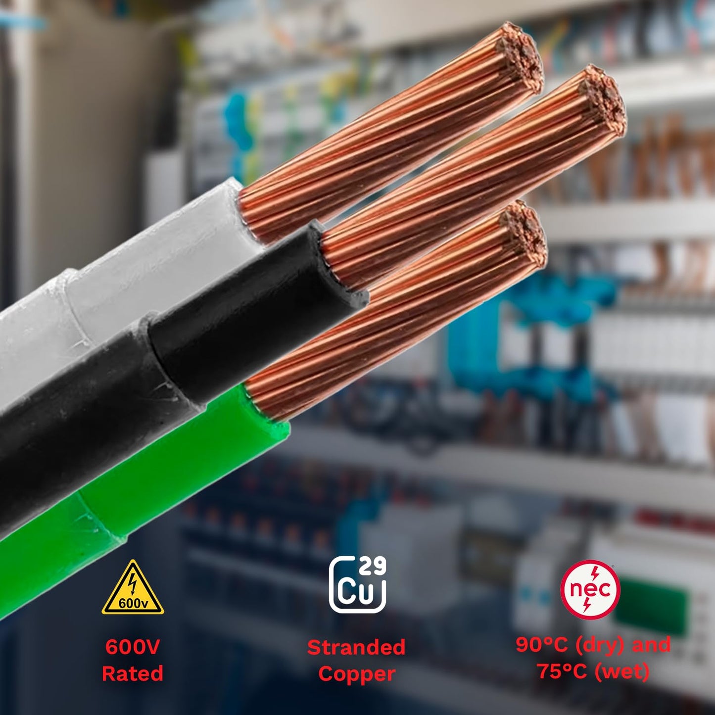 VN Infinite quality 12 AWG THHN Wire 3 Conductors (Black White Green) Stranded Copper THWN Twisted 12 Gauge with Ground 600V Wire Nylon Jacket for Residential, Commercial, Industrial Wiring 100FT