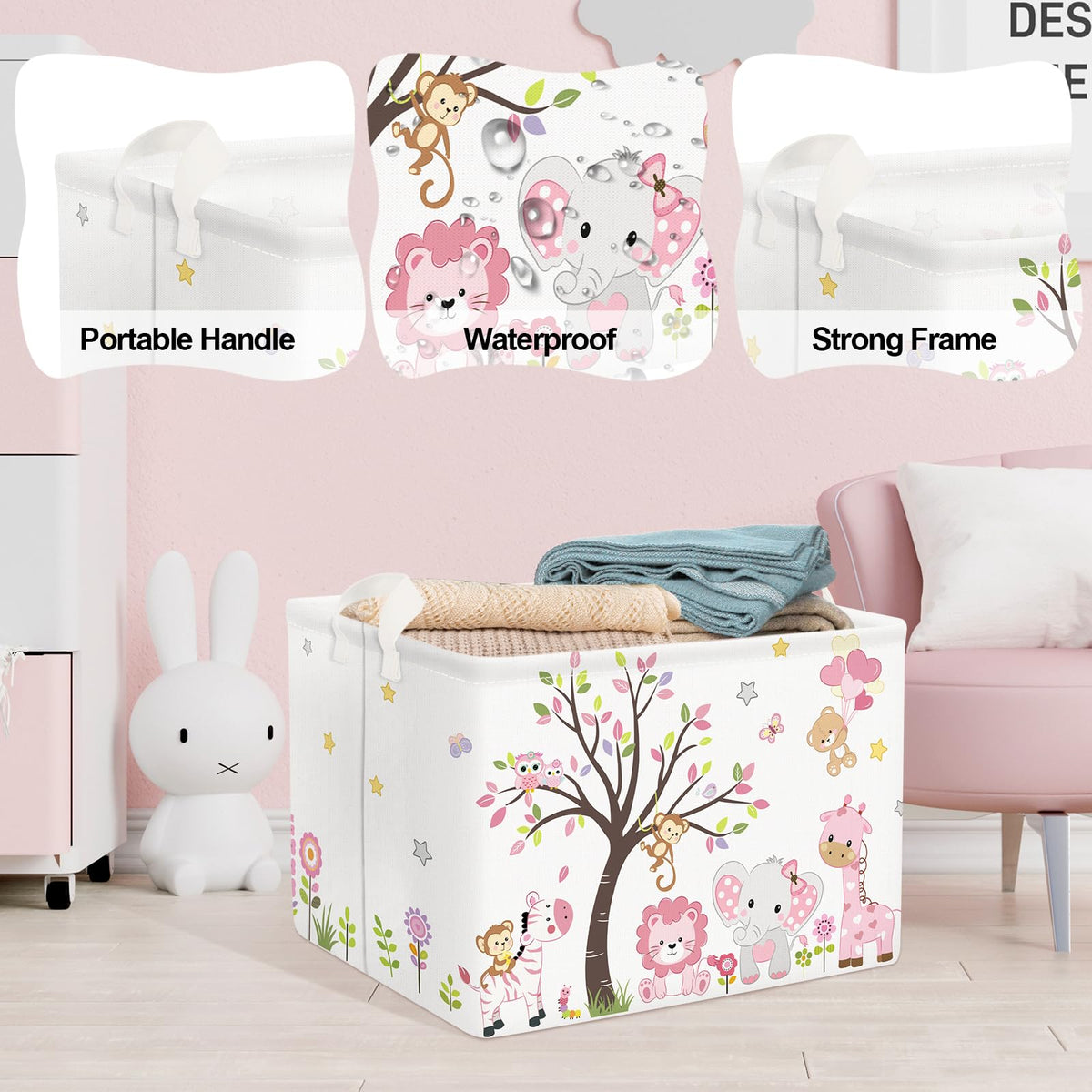 Clastyle Collapsible Large Pink Woodland Animal Baby Girl Bakset Jungle Animals Lion Giraffe Book Shelf Basket with Handle Rectangle Toy Clothes Cube Storage Basket for Kids Room