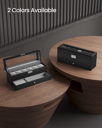 SONGMICS Watch Box, 6-Slot Watch Case Organizer with Large Glass Lid, 2 Layers, Removable Pillows, Metal Lock, Gift for Loved Ones, Black Synthetic Leather, Gray Lining UJWB060G01