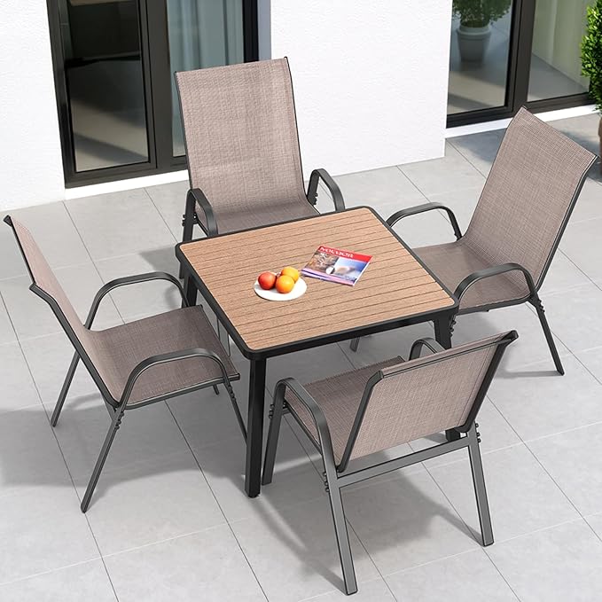 Patio Chairs Set of 4, Easily Set Up Stackable Outdoor Dining Chairs with High Back and Wide Seat, All Weather Breathable Outdoor Chairs Set of 4 with Metal Frame for Backyard Deck Pool, Brown