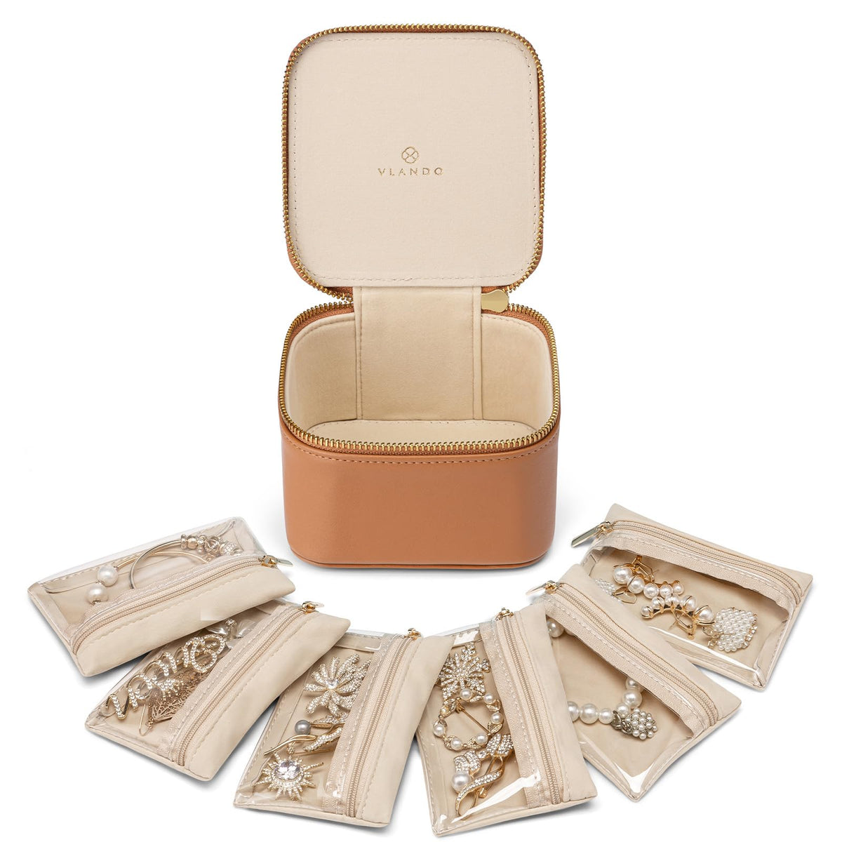 VLANDO Travel Jewelry Case,Valentines Gifts,Small Jewelry Box Organizer,Travel Jewelry Storage with 6 Velvet Jewelry Zipper Pockets, Birthday Gifts for Women Girls (Brown)
