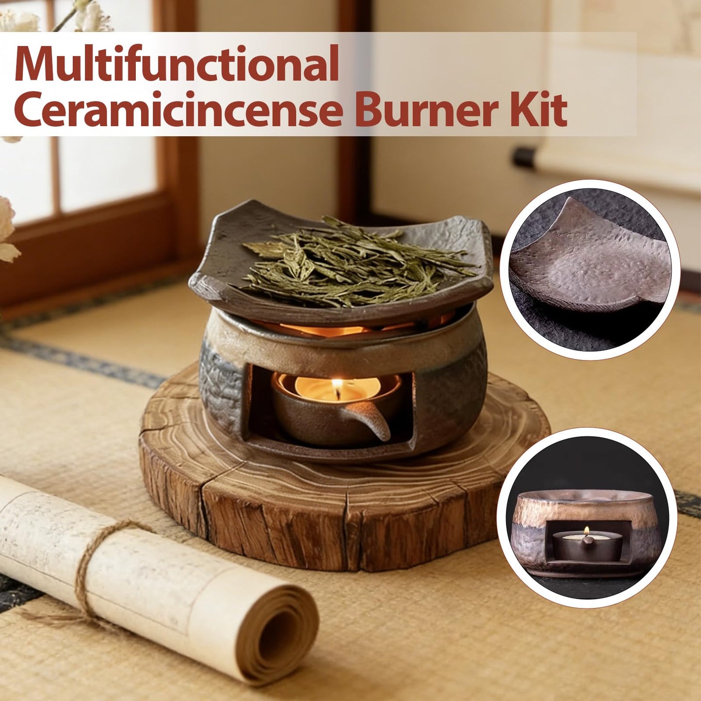 Ceramic Incense Burner Kit, Zen Incense Holder with Candle Clip,Mat & Heat Resistant Brick, Ceramic Aromatherapy,Stove Essential Oil Burner, Suitable for Home and Office Use.