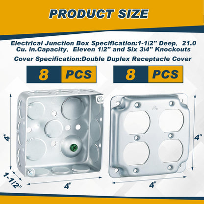 Copkim 8 Set 4 × 4" Electrical Junction Box with Cover Electrical Metal Outlet Box, 21.0 Cu. in. Capacity Receptacle Exposed Work Cover, 1-1/2'' Deep (Double Duplex Receptacle)