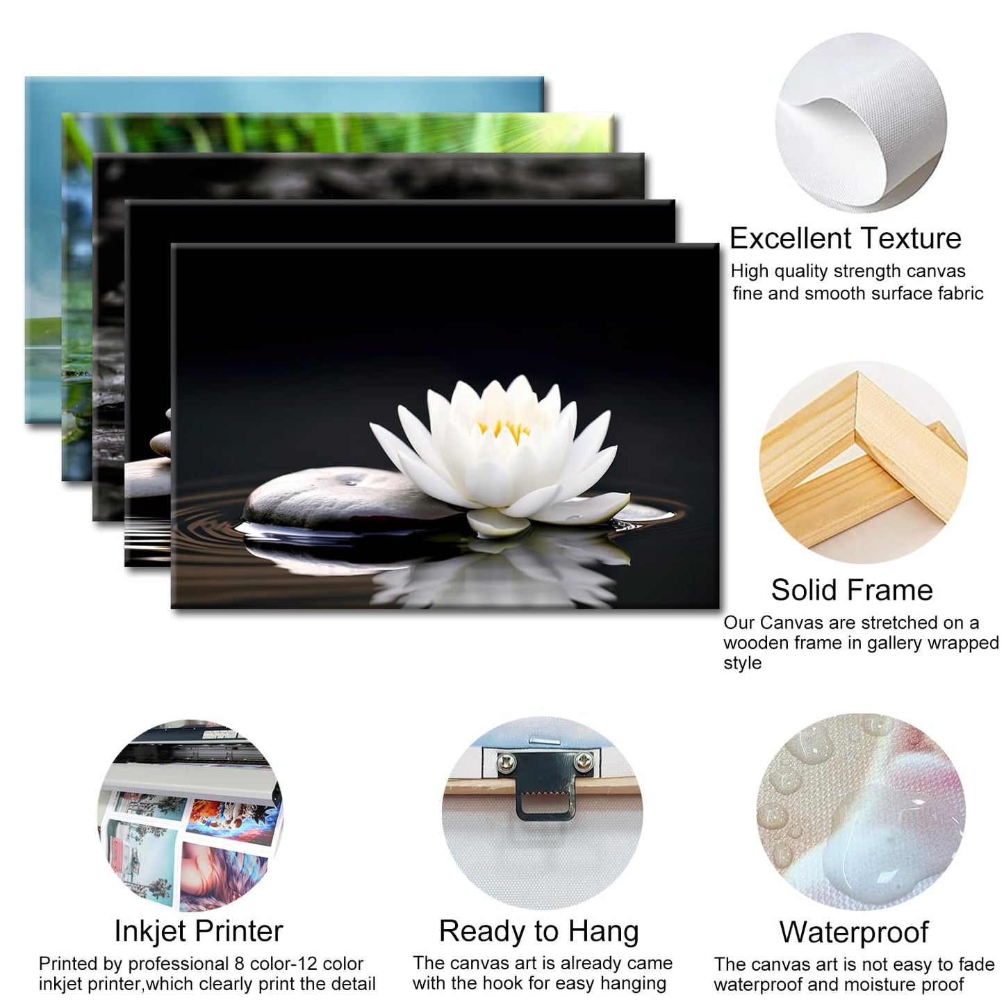 GLOKAKA Zen Wall Art,White Lotus Bloom in Water with Spa Stone,Black and White Bathroom Canvas Wall Art,Zen Spiritual Decor for Yoga Meditation Room Living Room,Office