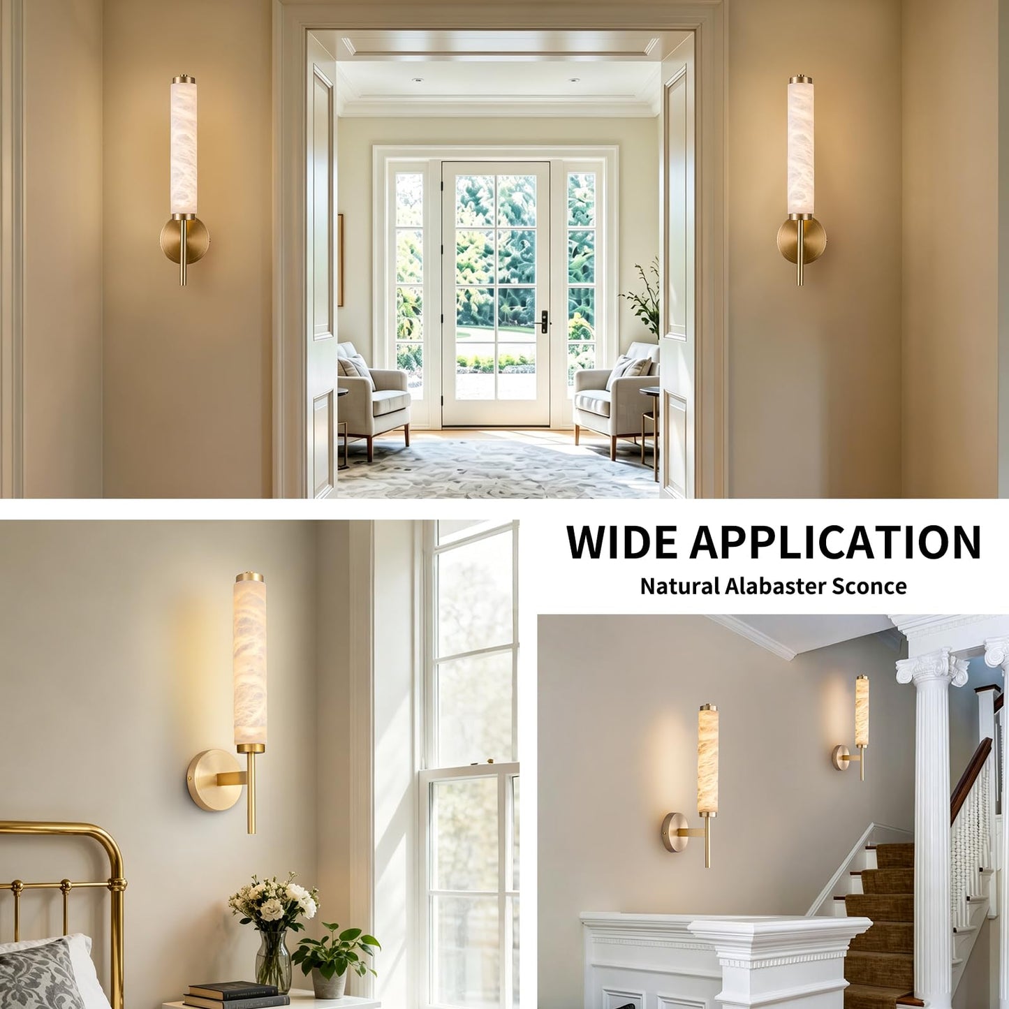 Modern Alabaster Wall Sconce, 18.9" Brass Wall Mounted Light Fixture with Cylindrical Natural Marble Shade, 3000K, LED Warm Light, Marble wall light for Bathroom Vanity, Bedroom, Living Room (Gold)