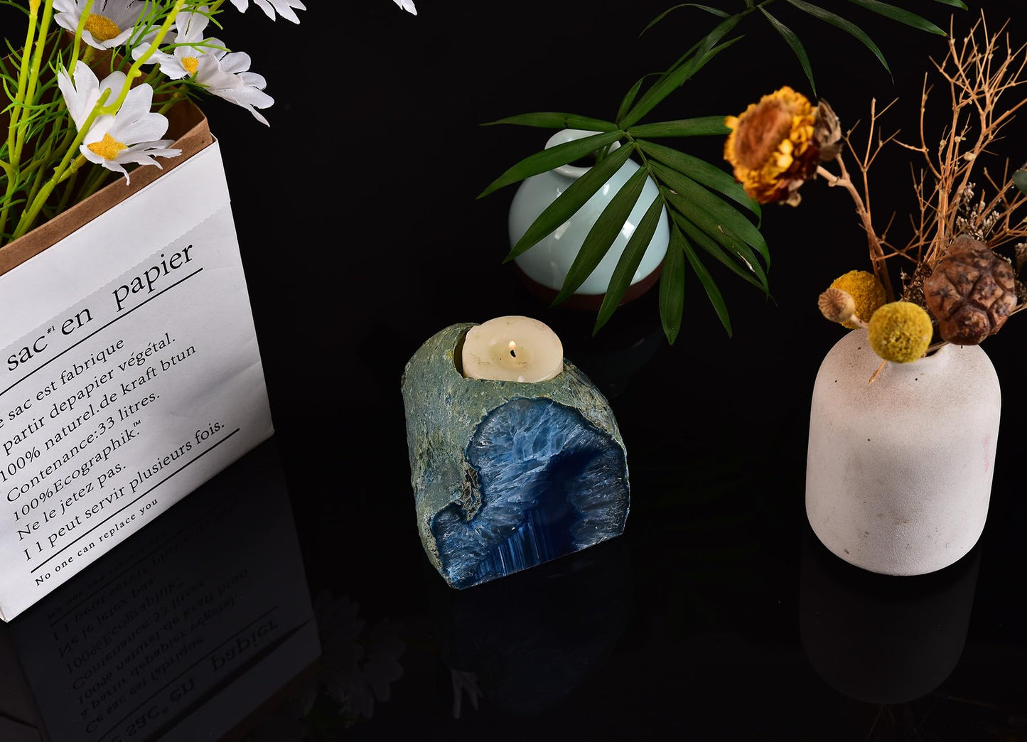 AMOYSTONE Blue Agate Stone Candle Holder for Pillar & Tea Lights 1-1.5lb, or Plant Terrarium as Boho Home Accent