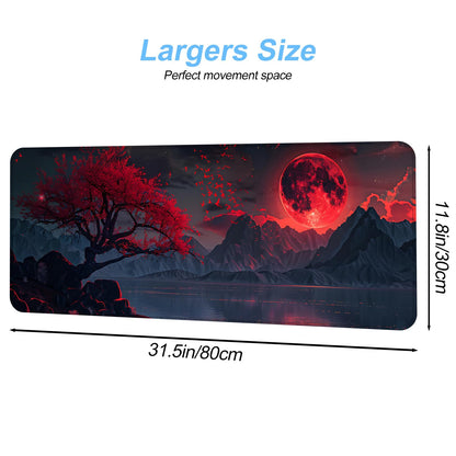 Red Moon Mouse Pad XXL – Large Gaming Desk Mat with Dark Mountain Landscape & Sakura Tree, Extended Mousepad with Non-Slip Base for Office, Gamer Setup,31.5 x 11.8 in