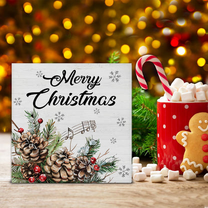 Farmhouse Christmas Decorations, Merry Christmas Decor Sign, Elk Trees Pine Cones Holly Berry Wood Sign Rustic Home Table Desk Decor (5 x 5 Inches)