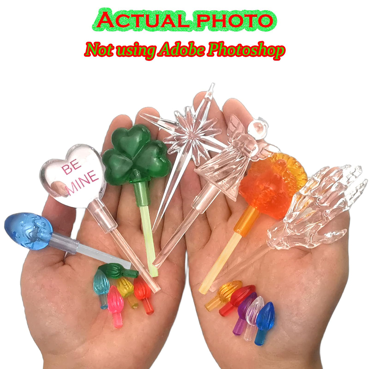 110Pcs in 10 Colors Ceramic Christmas Tree Replacement Lights - Plastic Bulbs Pegs, Included Angel Topper/Heart Top/Cross Stars/Egg/Turkey/Skeleton Hand/Clover.