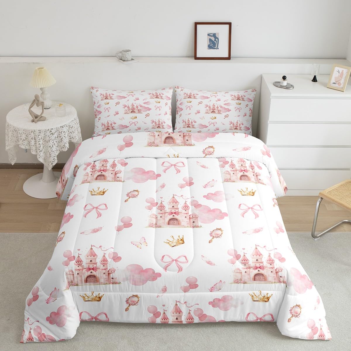 Feelyou Kids Pink Castle Duvet Insert Twin Size, Cute Bowknot Comforter Set Boys Girls Girls Dreamy House Bedding Set Fairytale Teens Bedroom Decor Bed Set 2Pcs