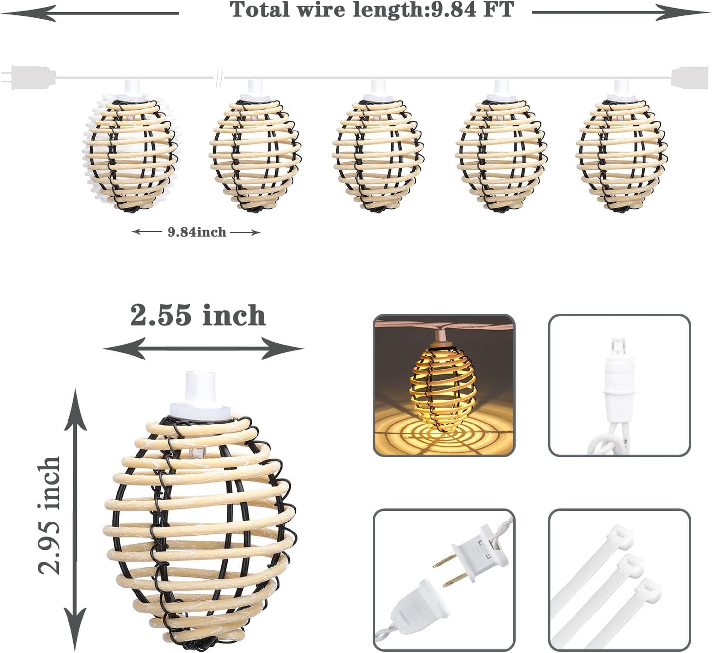 Vigdur Rattan Ball String Lights - 10FT Lantern String Lights Plug in with 10 Led Bulbs, Decorative String Light for Indoor Outdoor Balcony Patio Garden Wedding Bedroom Decor