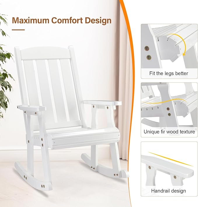 VINGLI Outdoor Rocking Chair Set of 2, Heavy Duty 600 LBS Wooden Rocking Chair with Comfortable Backrest, Weatherproof Rocker with Ergonomic Design, Suit for Patio, Garden, Yard, White