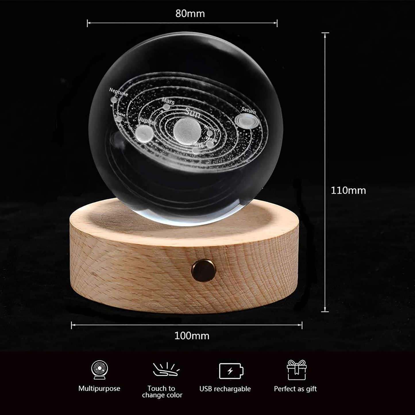 3D Solar System Crystal Ball with Wood Base, Engraved Universe Planet Sphere, Kid Education Decorative Glass Ball, Decor Creative Gift