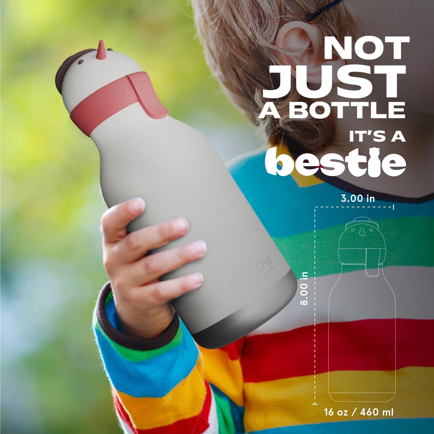 asobu Bestie Bottle Insulated Stainless Steel Water Bottle with Detachable Soft Animal Head Fun Drinking For Kids and Teens with Flexible Reusable Straw 16 Ounce (SNOWMAN)