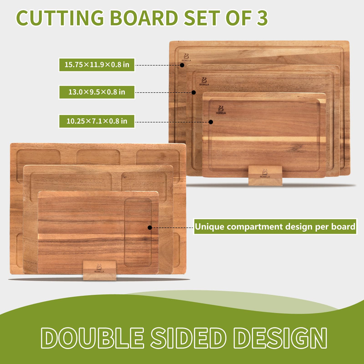 BOBELA Acacia Wood Cutting Board,Double Sided Wooden Cutting Boards for Kitchen with Deep Juice Grooves,0.8 in Thick Solid Wood Cutting Board Set with Stand for Chopping,Serving Ideal Kitchen Gifts