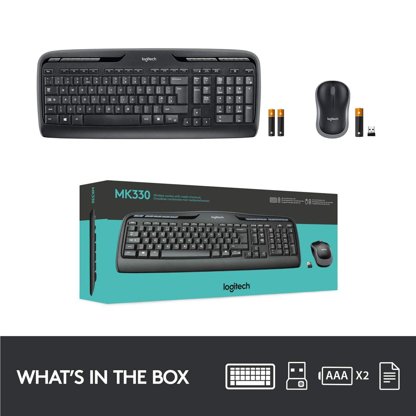 Logitech MK330 Wireless Keyboard and Mouse Combo for Windows, 2.4 GHz Wireless with USB-Receiver, Portable Mouse, Multimedia Keys, Long Battery Life, PC/Laptop, QWERTY UK Layout - Black